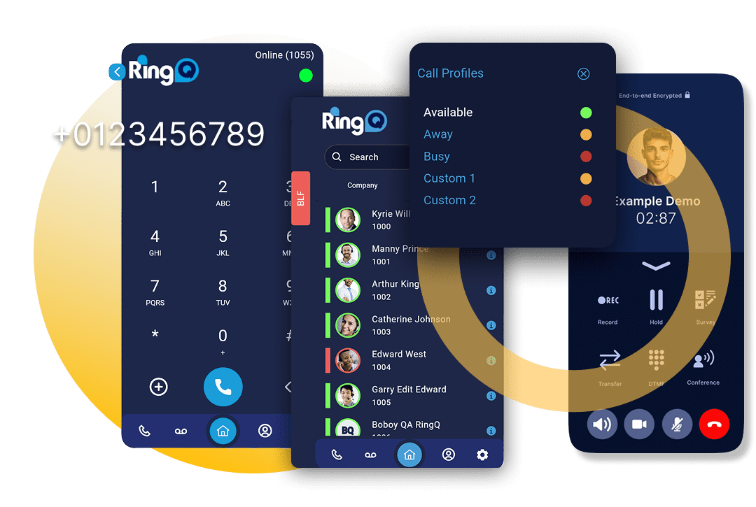 RingQ Auto Dialer mobile app showing the softphone dialer, contact directory, call profiles, and active call screen