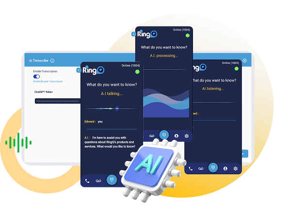 RingQ AI assistance chatbot in the softphone — AI talking, processing, and listening states with transcription panel
