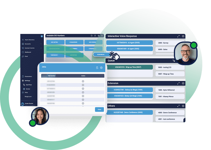 RingQ call routing panel assigning DID numbers to IVR, queues, extensions, and conferences
