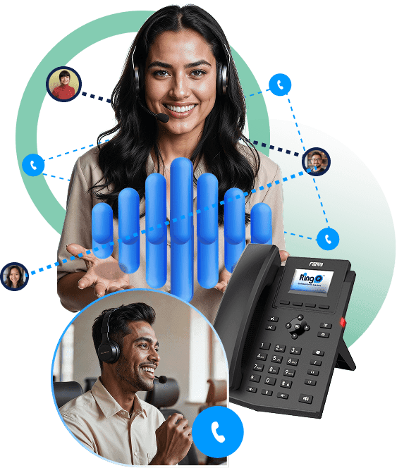 RingQ Ring Groups alerting multiple agents simultaneously — woman with headset, connected agent bubbles, and desk phone