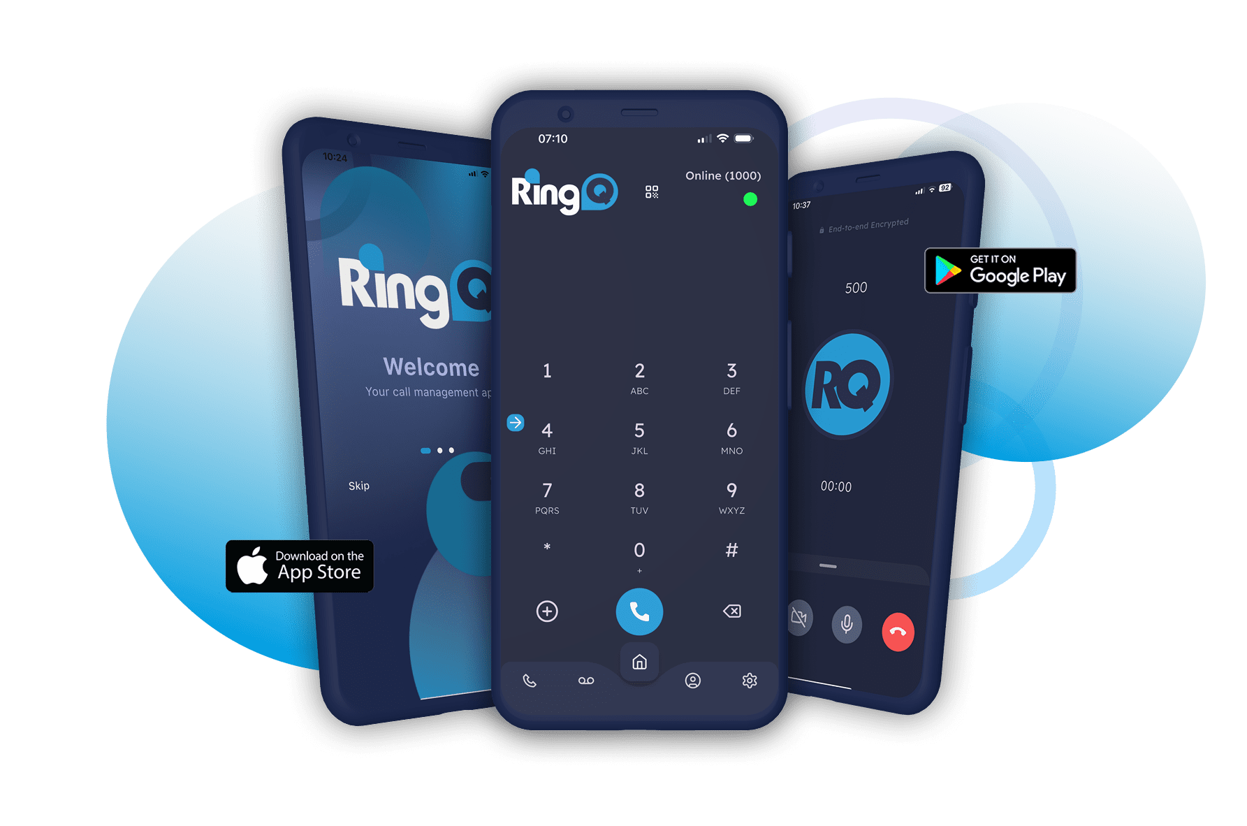 RingQ mobile app on three phones showing softphone dialer, agent status, and call interface