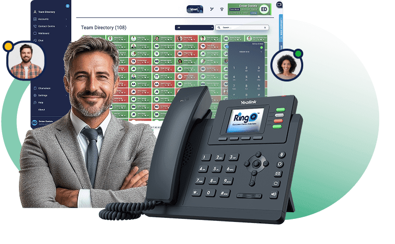RingQ supervisor driving continuous improvement with a desk phone and live team directory